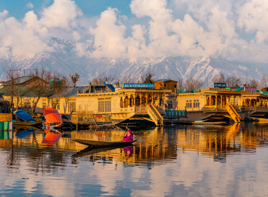 View of Dal lake and boat house before sunset